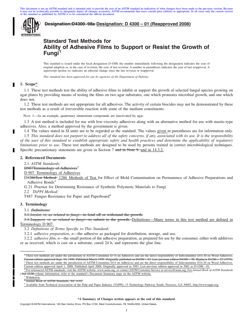 REDLINE ASTM D4300-01(2008) - Standard Test Methods for Ability of Adhesive Films to Support or Resist the Growth of Fungi