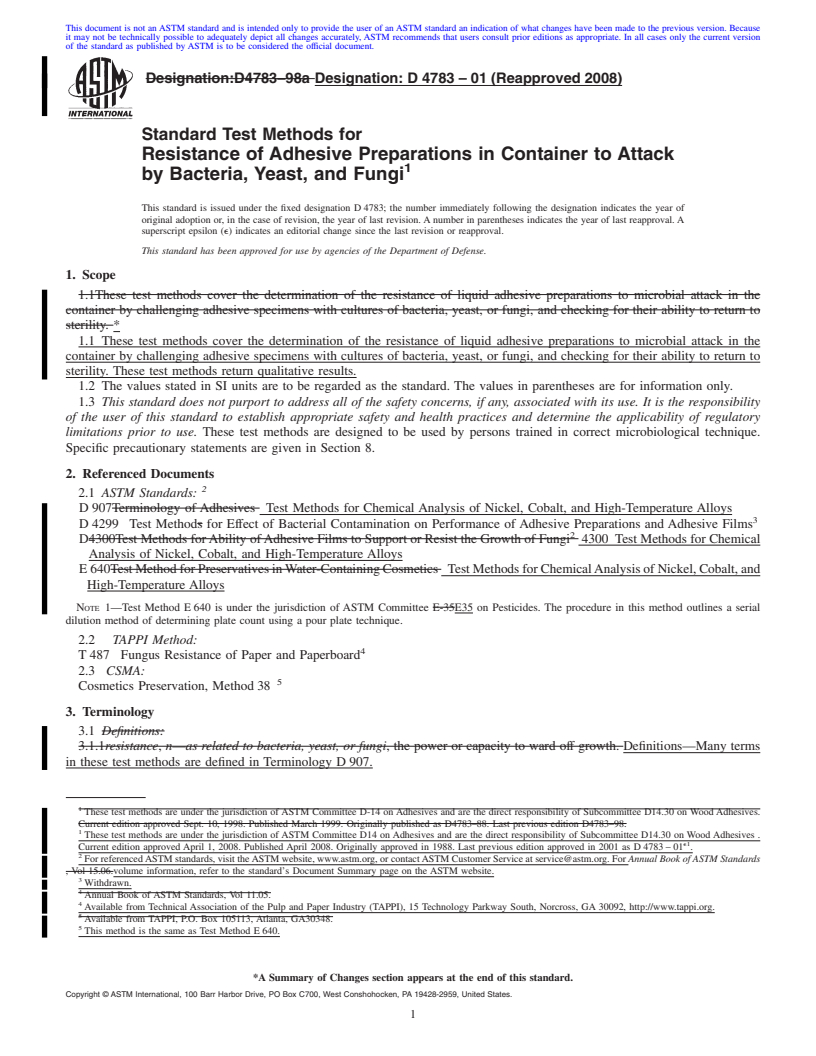 REDLINE ASTM D4783-01(2008) - Standard Test Methods for Resistance of Adhesive Preparations in Container to Attack by Bacteria,    Yeast, and Fungi