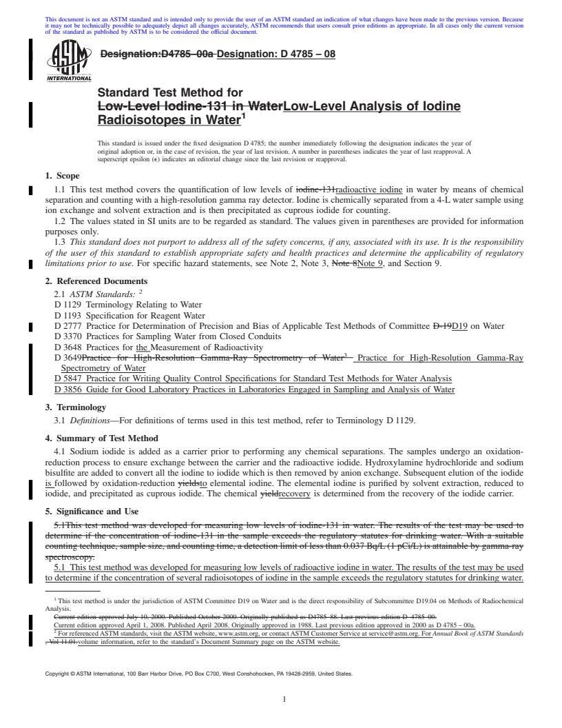 REDLINE ASTM D4785-08 - Standard Test Method for Low-Level Analysis of Iodine Radioisotopes in Water