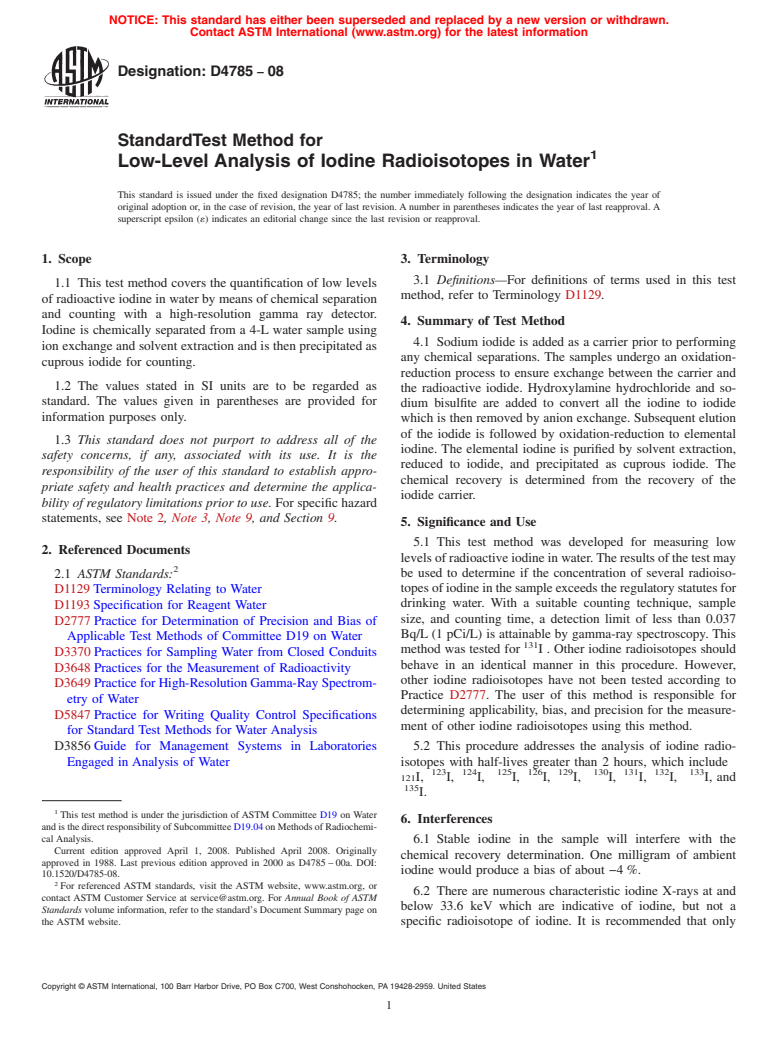 ASTM D4785-08 - Standard Test Method for Low-Level Analysis of Iodine Radioisotopes in Water