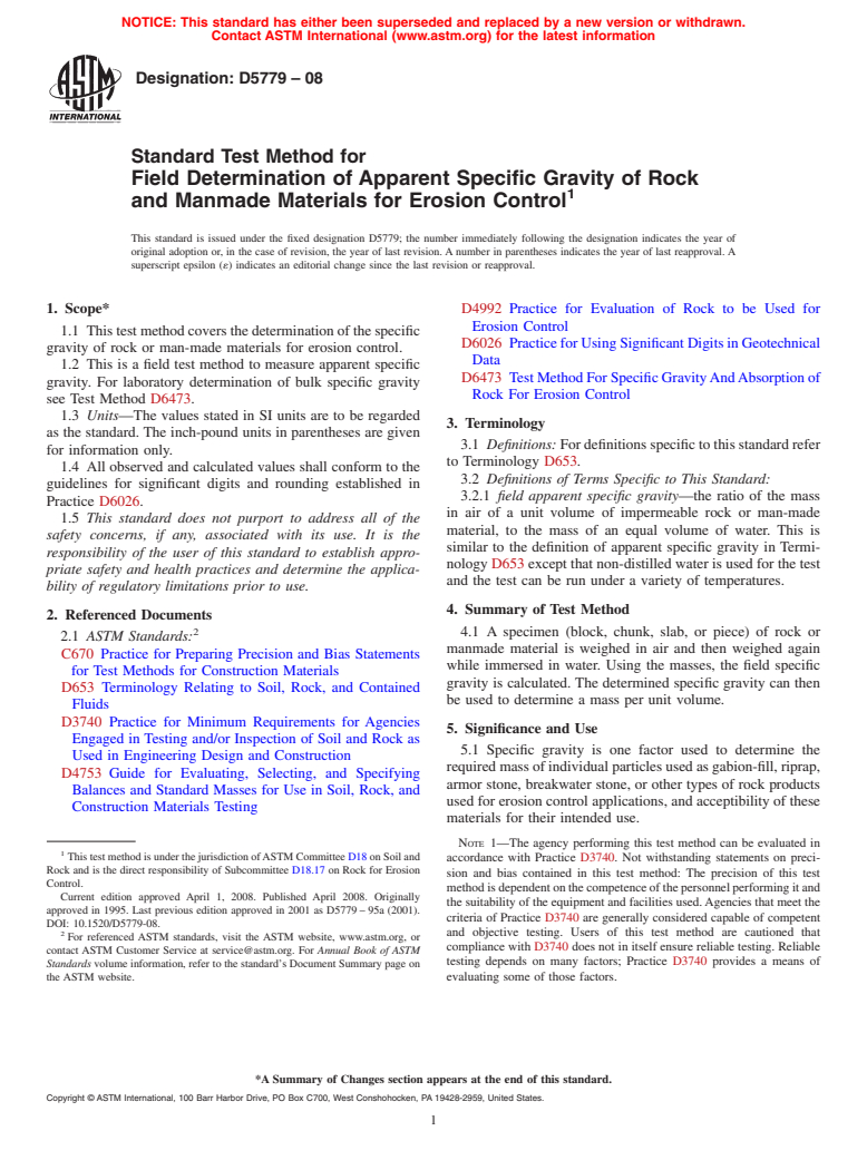 ASTM D5779-08 - Standard Test Method for Field Determination of Apparent Specific Gravity of Rock and Manmade Materials for Erosion Control