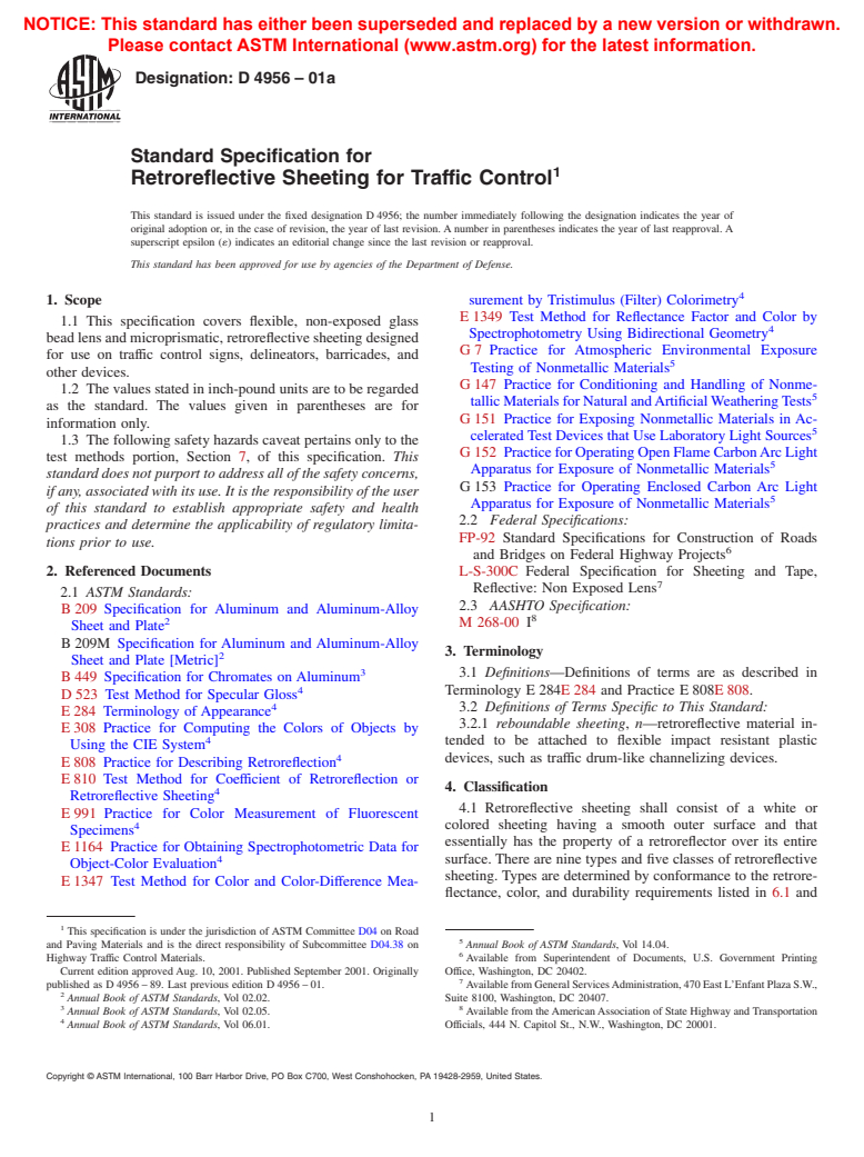 ASTM D4956-01a - Standard Specification for Retroreflective Sheeting for Traffic Control