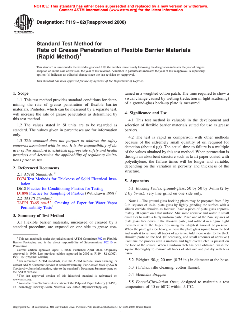 ASTM F119-82(2008) - Standard Test Method for  Rate of Grease Penetration of Flexible Barrier Materials (Rapid Method)