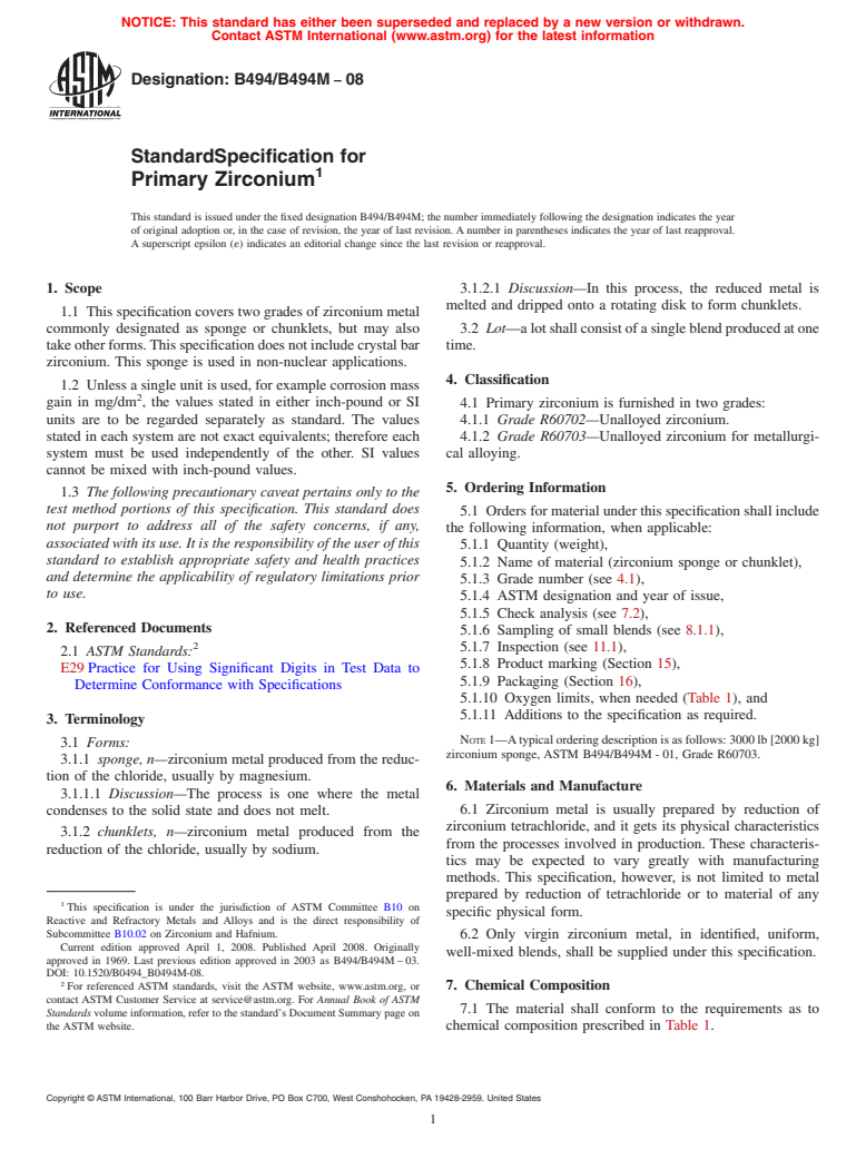 ASTM B494/B494M-08 - Standard Specification for  Primary Zirconium