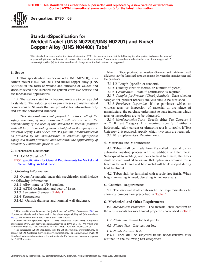 ASTM B730-08 - Standard Specification for Welded Nickel (UNS N02200/UNS N02201) and Nickel Copper Alloy (UNS    N04400) Tube