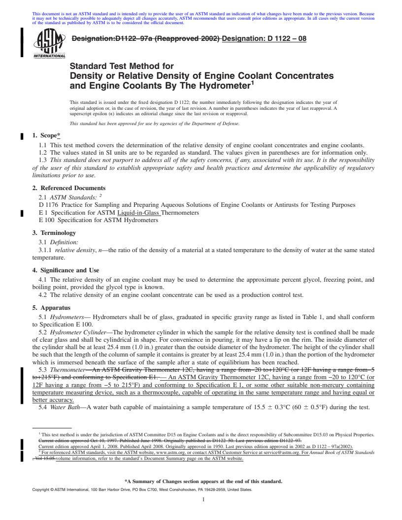 REDLINE ASTM D1122-08 - Standard Test Method for  Density or Relative Density of Engine Coolant Concentrates and Engine Coolants By The Hydrometer