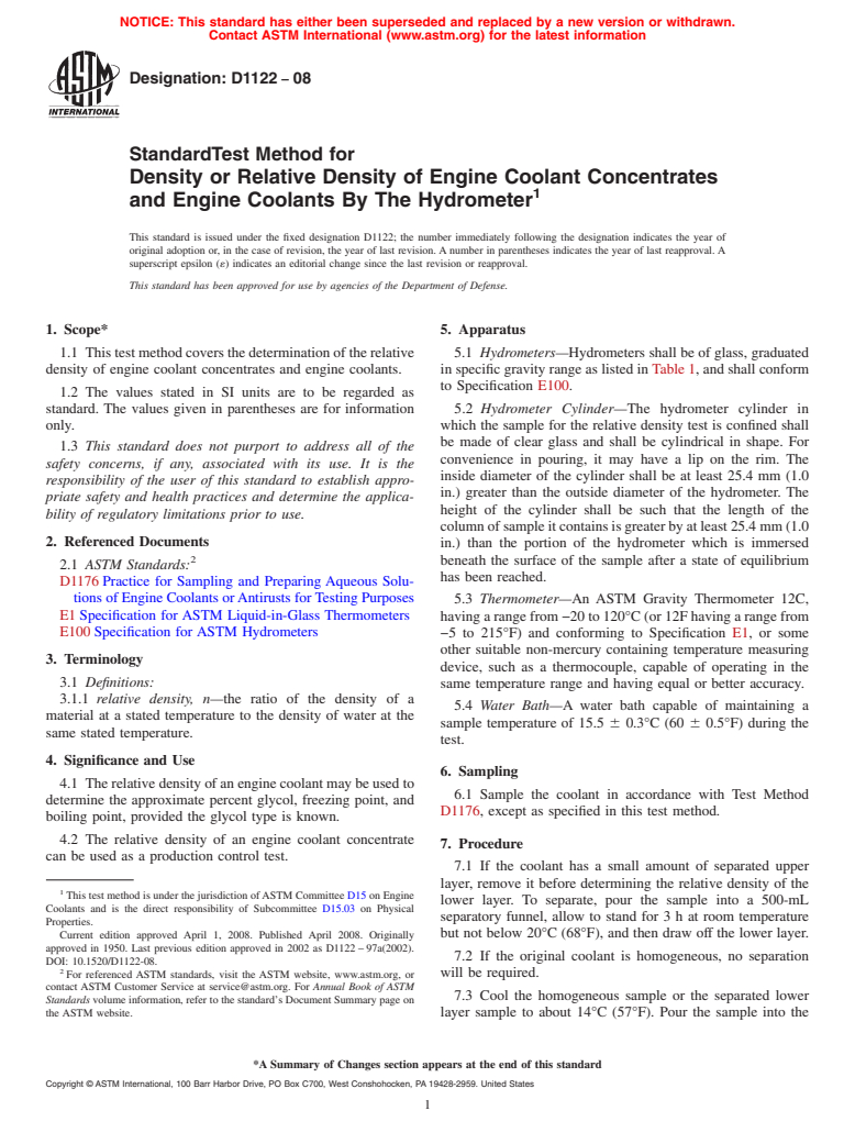 ASTM D1122-08 - Standard Test Method for  Density or Relative Density of Engine Coolant Concentrates and Engine Coolants By The Hydrometer