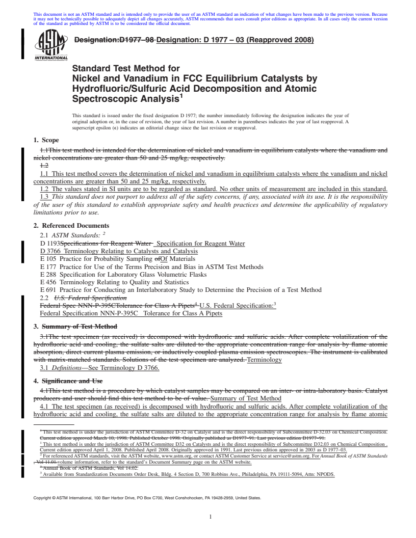 REDLINE ASTM D1977-03(2008) - Standard Test Method for Nickel and Vanadium in FCC Equilibrium Catalysts by Hydrofluoric/Sulfuric Acid Decomposition and Atomic Spectroscopic Analysis