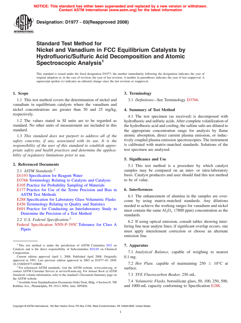 ASTM D1977-03(2008) - Standard Test Method for Nickel and Vanadium in FCC Equilibrium Catalysts by Hydrofluoric/Sulfuric Acid Decomposition and Atomic Spectroscopic Analysis