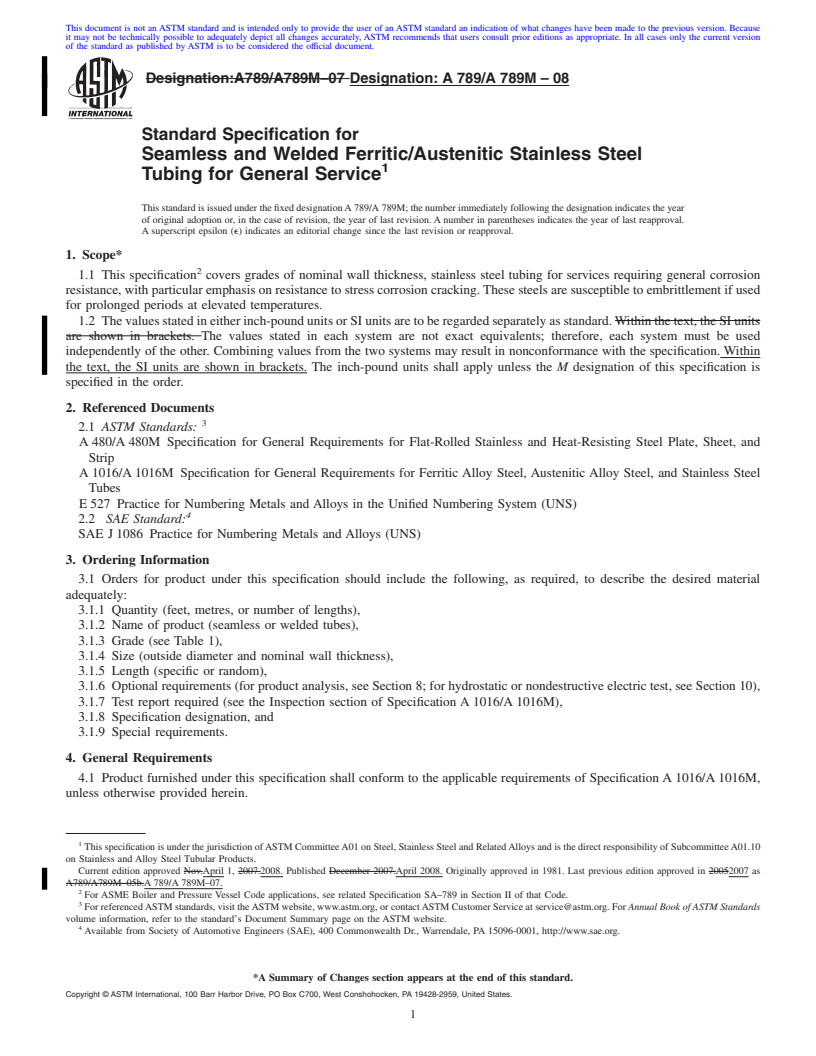 REDLINE ASTM A789/A789M-08 - Standard Specification for Seamless and Welded Ferritic/Austenitic Stainless Steel Tubing for General Service