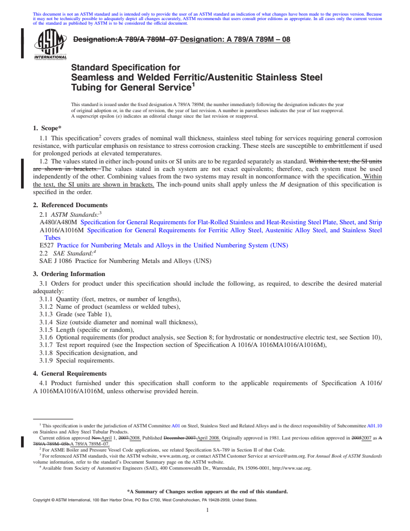 REDLINE ASTM A789/A789M-08 - Standard Specification for Seamless and Welded Ferritic/Austenitic Stainless Steel Tubing for General Service