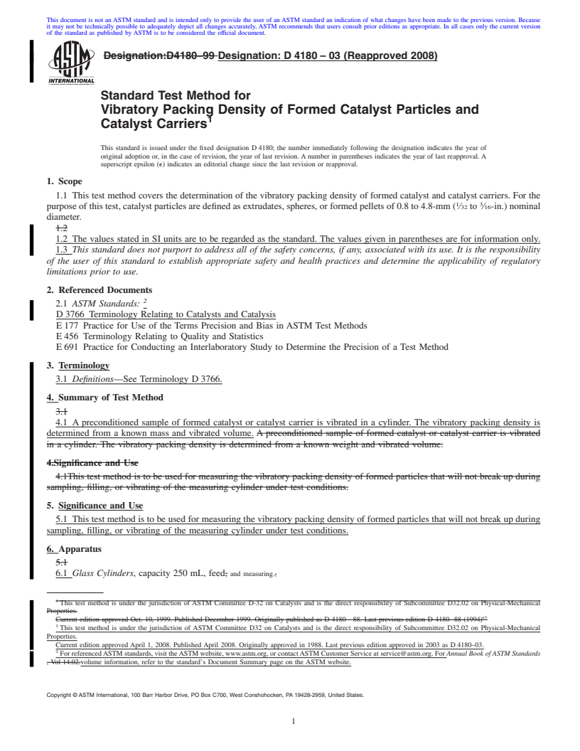 REDLINE ASTM D4180-03(2008) - Standard Test Method for Vibratory Packing Density of Formed Catalyst Particles and Catalyst Carriers