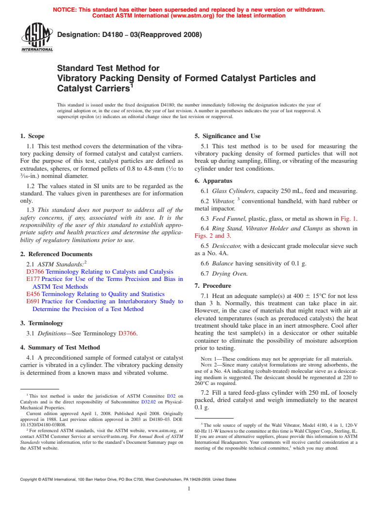 ASTM D4180-03(2008) - Standard Test Method for Vibratory Packing Density of Formed Catalyst Particles and Catalyst Carriers