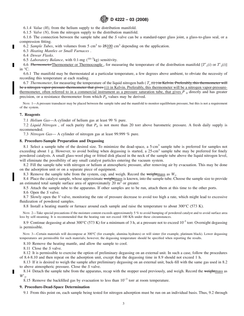 REDLINE ASTM D4222-03(2008) - Standard Test Method for Determination of Nitrogen Adsorption and Desorption Isotherms of Catalysts and Catalyst Carriers by Static Volumetric Measurements