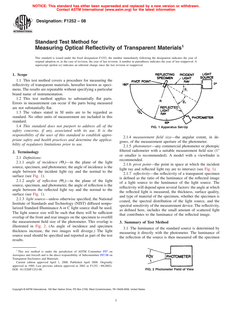 ASTM F1252-08 - Standard Test Method for Measuring Optical Reflectivity of Transparent Materials