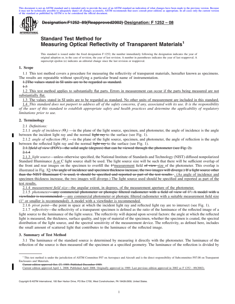 REDLINE ASTM F1252-08 - Standard Test Method for Measuring Optical Reflectivity of Transparent Materials