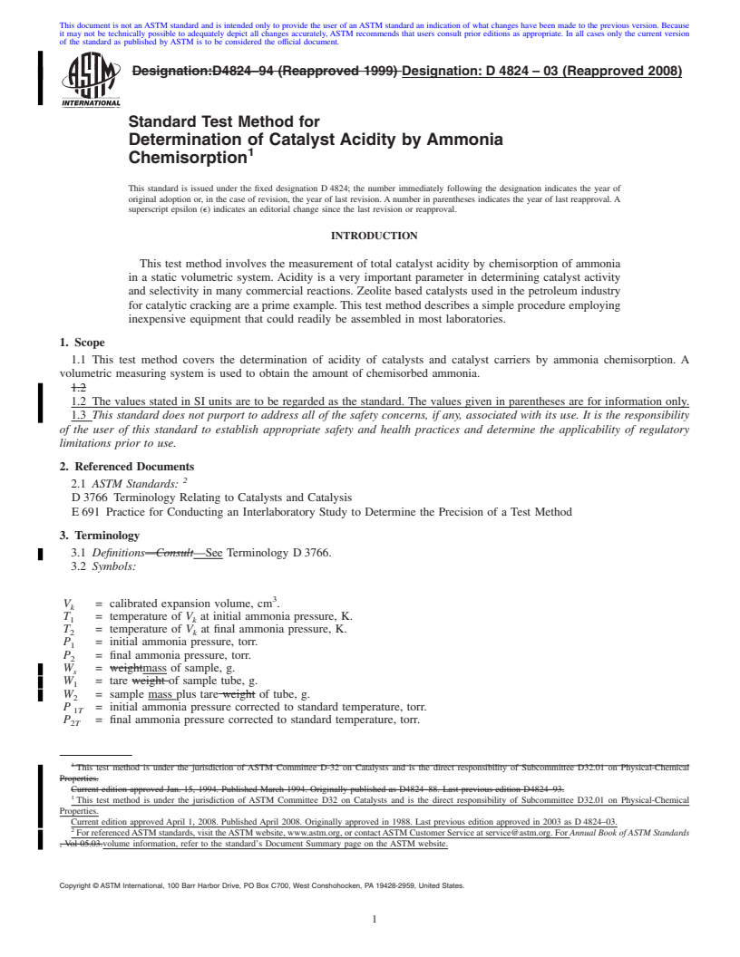 REDLINE ASTM D4824-03(2008) - Standard Test Method for Determination of Catalyst Acidity by Ammonia Chemisorption