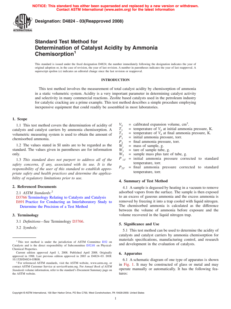 ASTM D4824-03(2008) - Standard Test Method for Determination of Catalyst Acidity by Ammonia Chemisorption