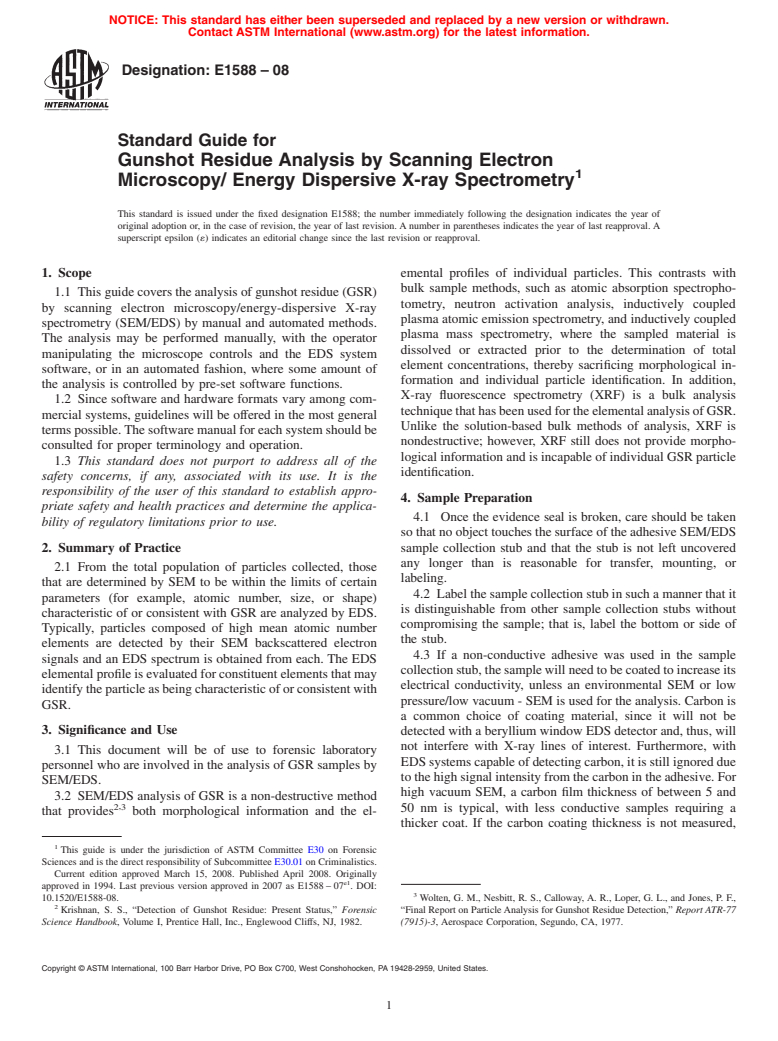 ASTM E1588-08 - Standard Guide for  Gunshot Residue Analysis by Scanning Electron Microscopy/ Energy Dispersive X-ray Spectrometry