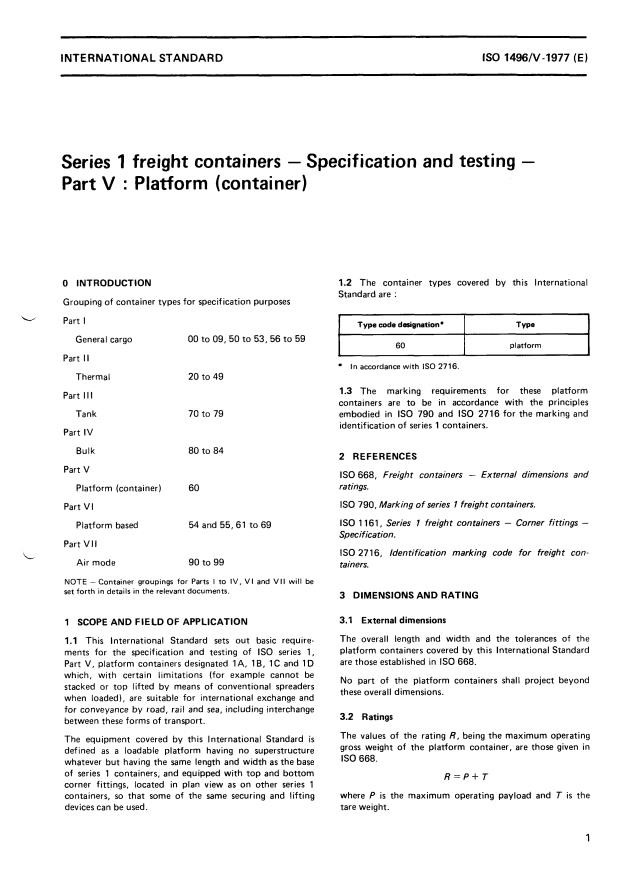 ISO 1496-5:1977 - Series 1 freight containers -- Specification and testing