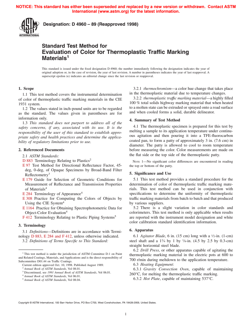 ASTM D4960-89(1998) - Standard Test Method for Evaluation of Color for Thermoplastic Traffic Marking Materials