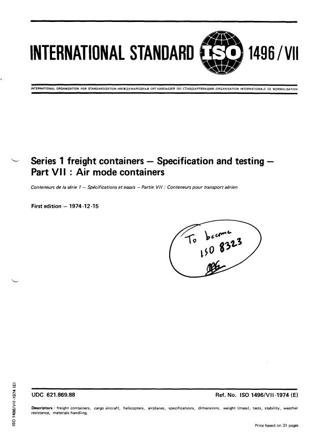 ISO 1496-7:1974 - Series 1 freight containers -- Specification and testing