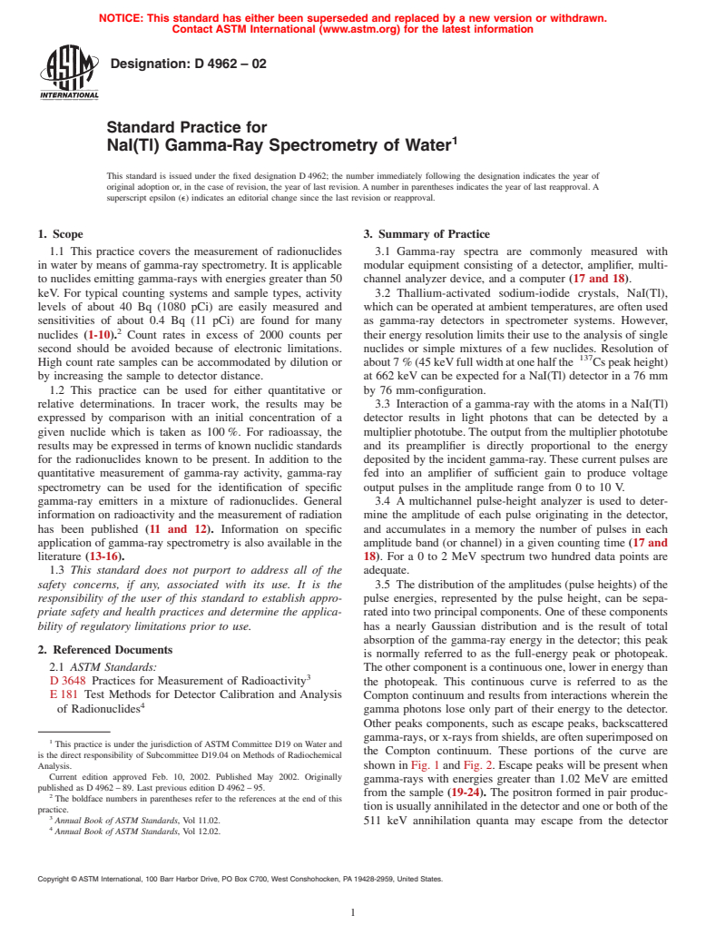 ASTM D4962-02 - Standard Practice for NaI(Tl) Gamma-Ray Spectrometry of Water