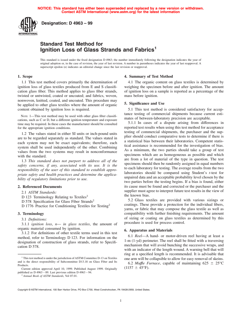 ASTM D4963-99 - Standard Test Method for Ignition Loss of Glass Strands and Fabrics