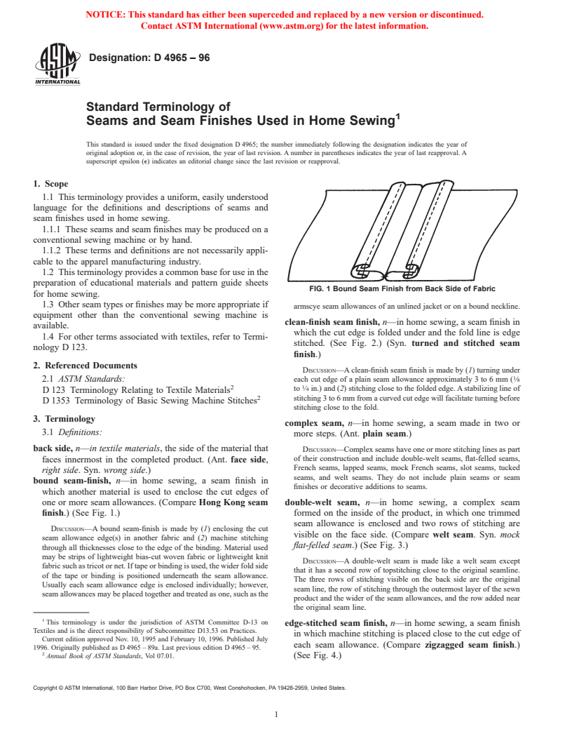 ASTM D4965-96 - Standard Terminology of Seams and Seam Finishes in Home Sewing