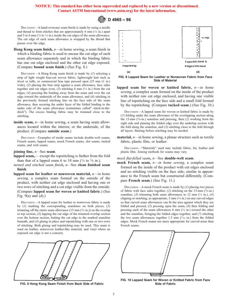 ASTM D4965-96 - Standard Terminology of Seams and Seam Finishes in Home Sewing