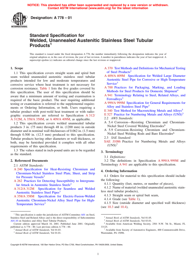 ASTM A778-01 - Standard Specification for Welded, Unannealed Austenitic Stainless Steel Tubular Products