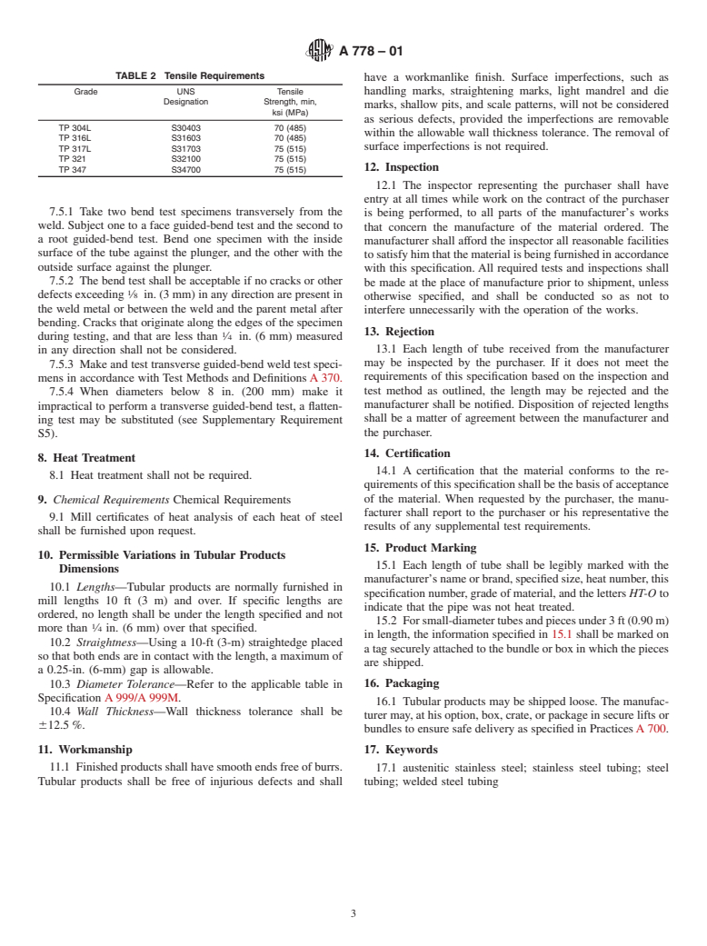 ASTM A778-01 - Standard Specification for Welded, Unannealed Austenitic Stainless Steel Tubular Products