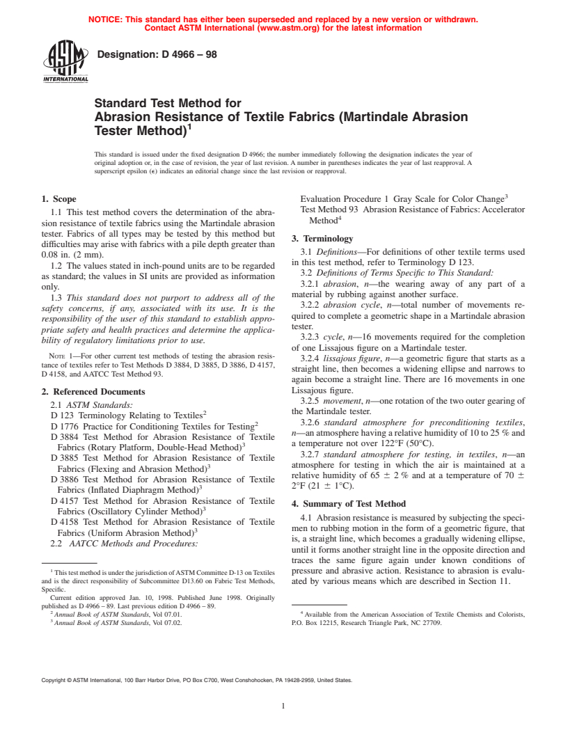 ASTM D4966-98 - Standard Test Method for Abrasion Resistance of Textile Fabrics (Martindale Abrasion Tester Method)