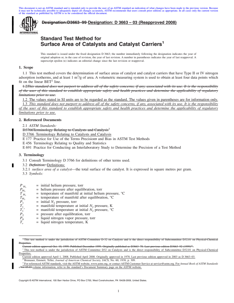 REDLINE ASTM D3663-03(2008) - Standard Test Method for Surface Area of Catalysts and Catalyst Carriers