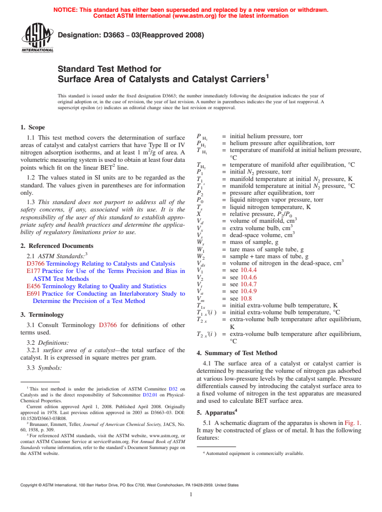 ASTM D3663-03(2008) - Standard Test Method for Surface Area of Catalysts and Catalyst Carriers