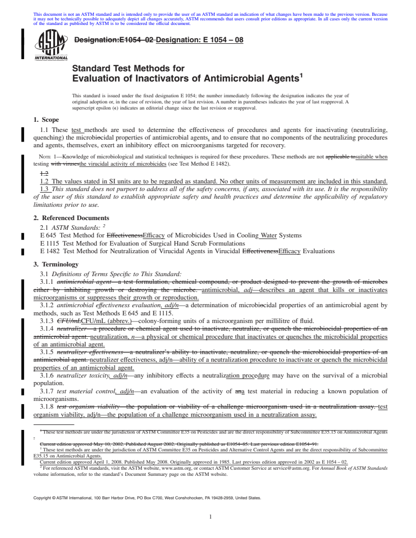 REDLINE ASTM E1054-08 - Standard Test Methods for Evaluation of Inactivators of Antimicrobial Agents