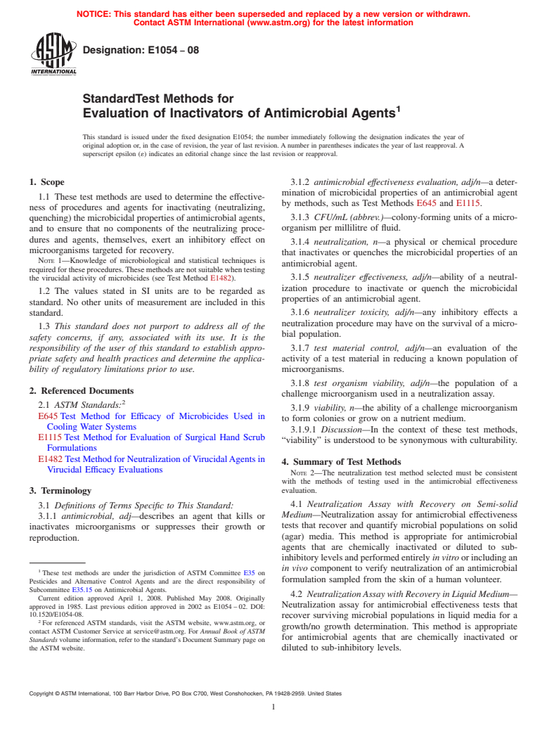 ASTM E1054-08 - Standard Test Methods for Evaluation of Inactivators of Antimicrobial Agents