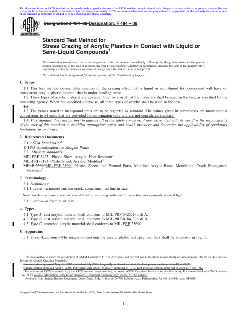 REDLINE ASTM F484-08 - Standard Test Method for Stress Crazing of Acrylic Plastics in Contact with Liquid or Semi-Liquid Compounds