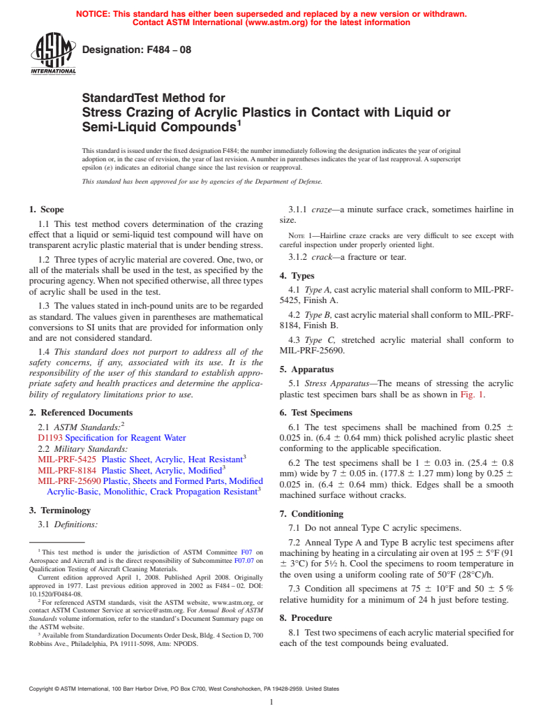 ASTM F484-08 - Standard Test Method for Stress Crazing of Acrylic Plastics in Contact with Liquid or Semi-Liquid Compounds