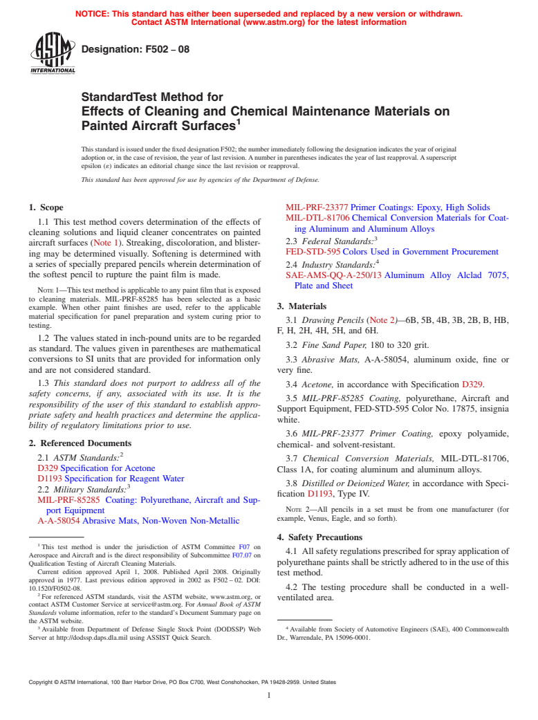 ASTM F502-08 - Standard Test Method for Effects of Cleaning and Chemical Maintenance Materials on Painted Aircraft Surfaces