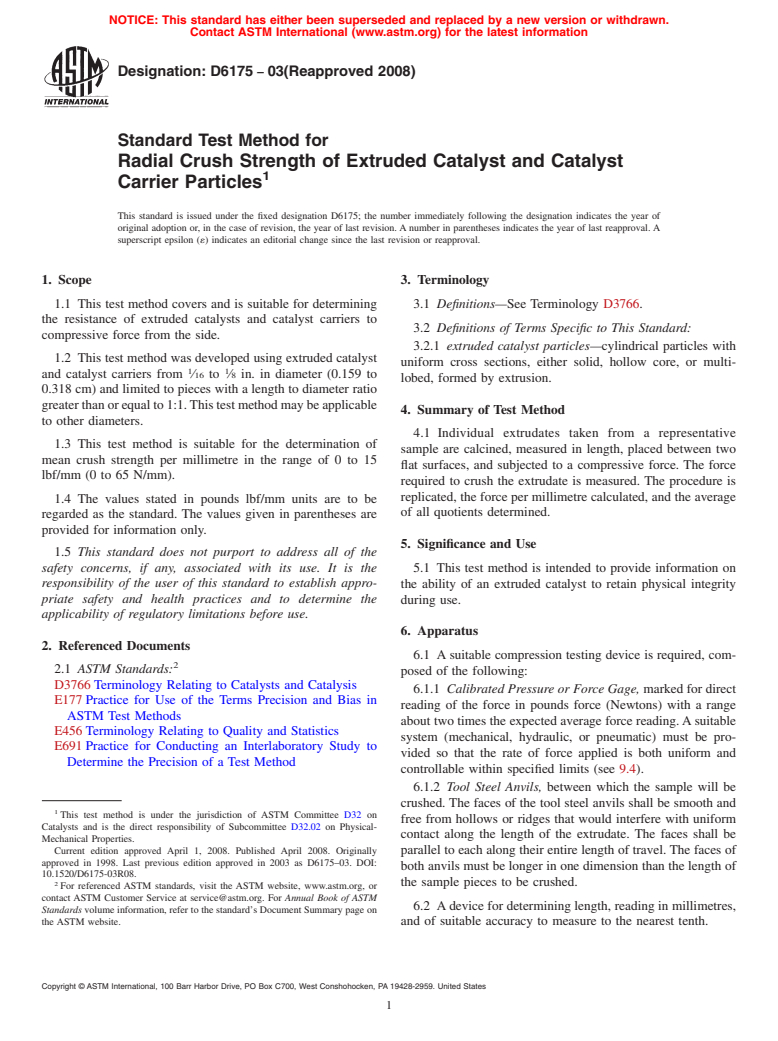 ASTM D6175-03(2008) - Standard Test Method for Radial Crush Strength of Extruded Catalyst and Catalyst Carrier Particles