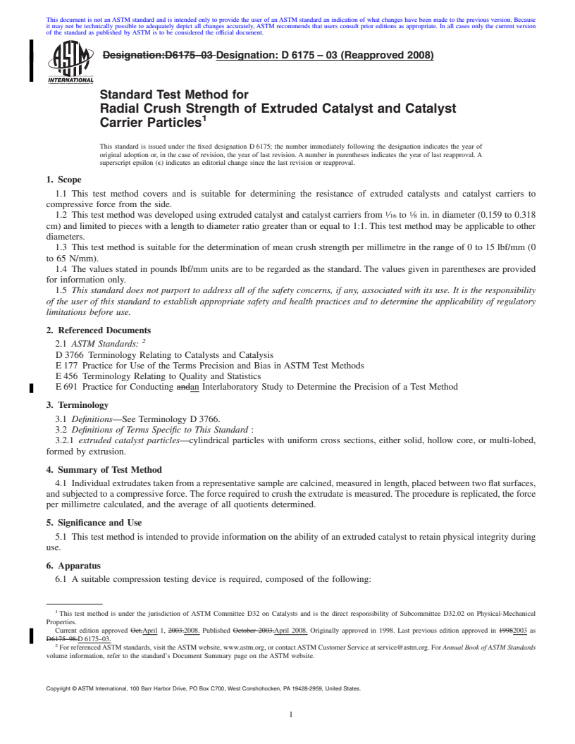 REDLINE ASTM D6175-03(2008) - Standard Test Method for Radial Crush Strength of Extruded Catalyst and Catalyst Carrier Particles