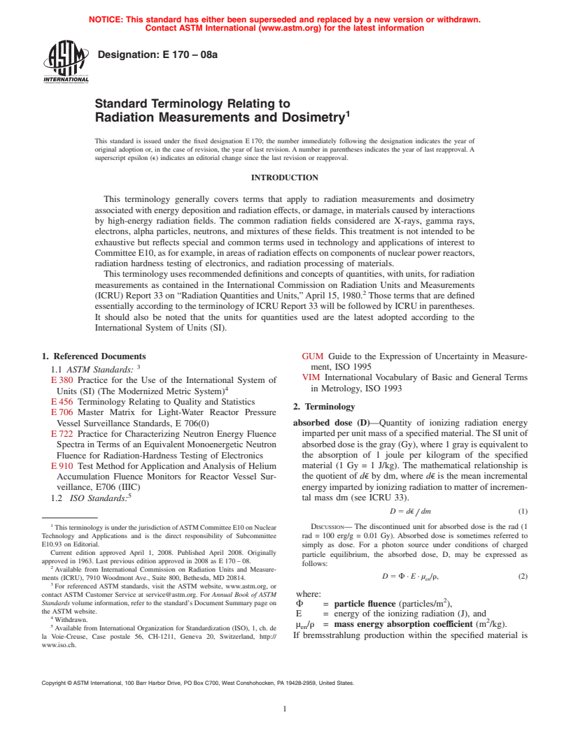 ASTM E170-08a - Standard Terminology Relating to  Radiation Measurements and Dosimetry