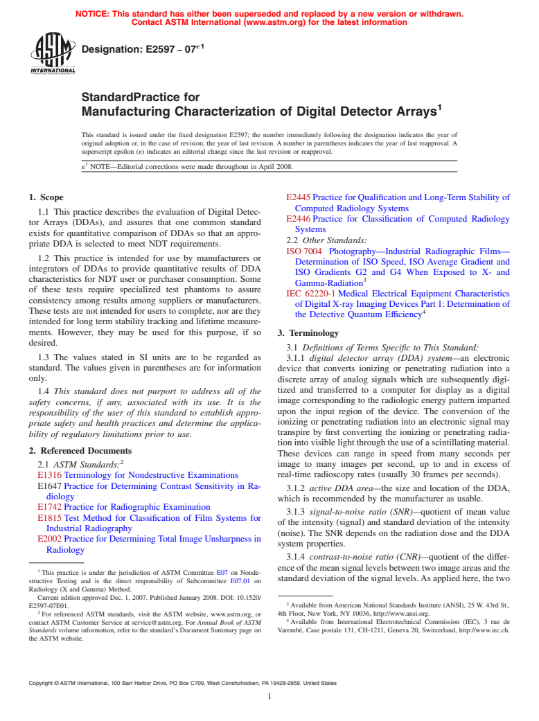 ASTM E2597-07e1 - Standard Practice for Manufacturing Characterization of Digital Detector Arrays