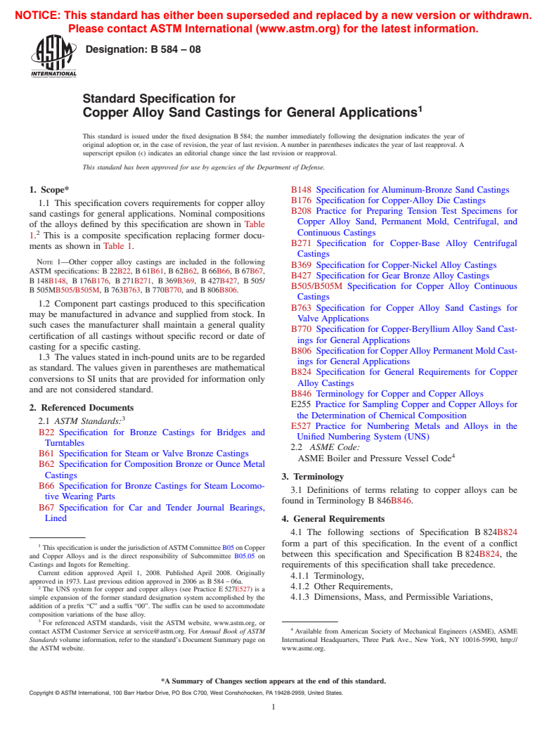 ASTM B584-08 - Standard Specification for  Copper Alloy Sand Castings for General Applications