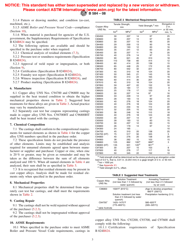 ASTM B584-08 - Standard Specification for  Copper Alloy Sand Castings for General Applications