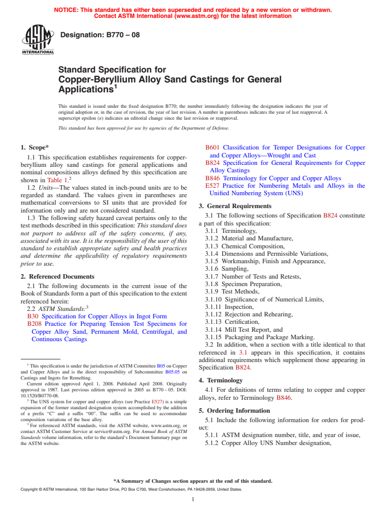 ASTM B770-08 - Standard Specification for Copper-Beryllium Alloy Sand Castings for General Applications