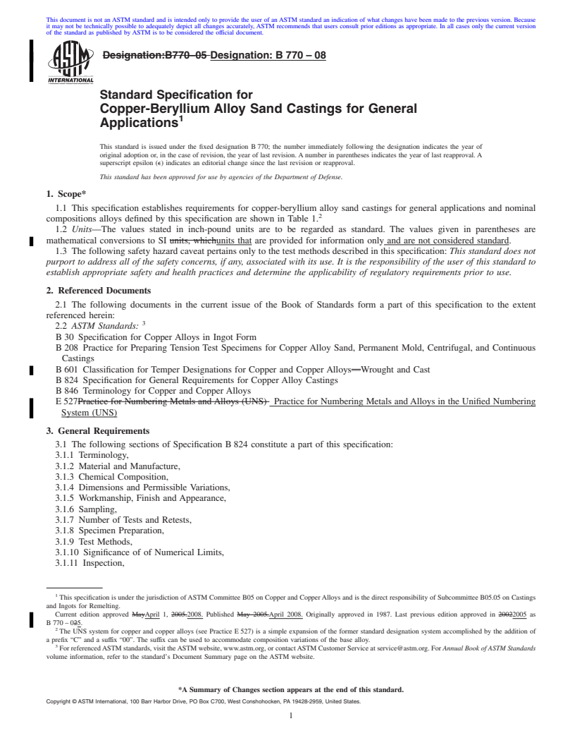 REDLINE ASTM B770-08 - Standard Specification for Copper-Beryllium Alloy Sand Castings for General Applications