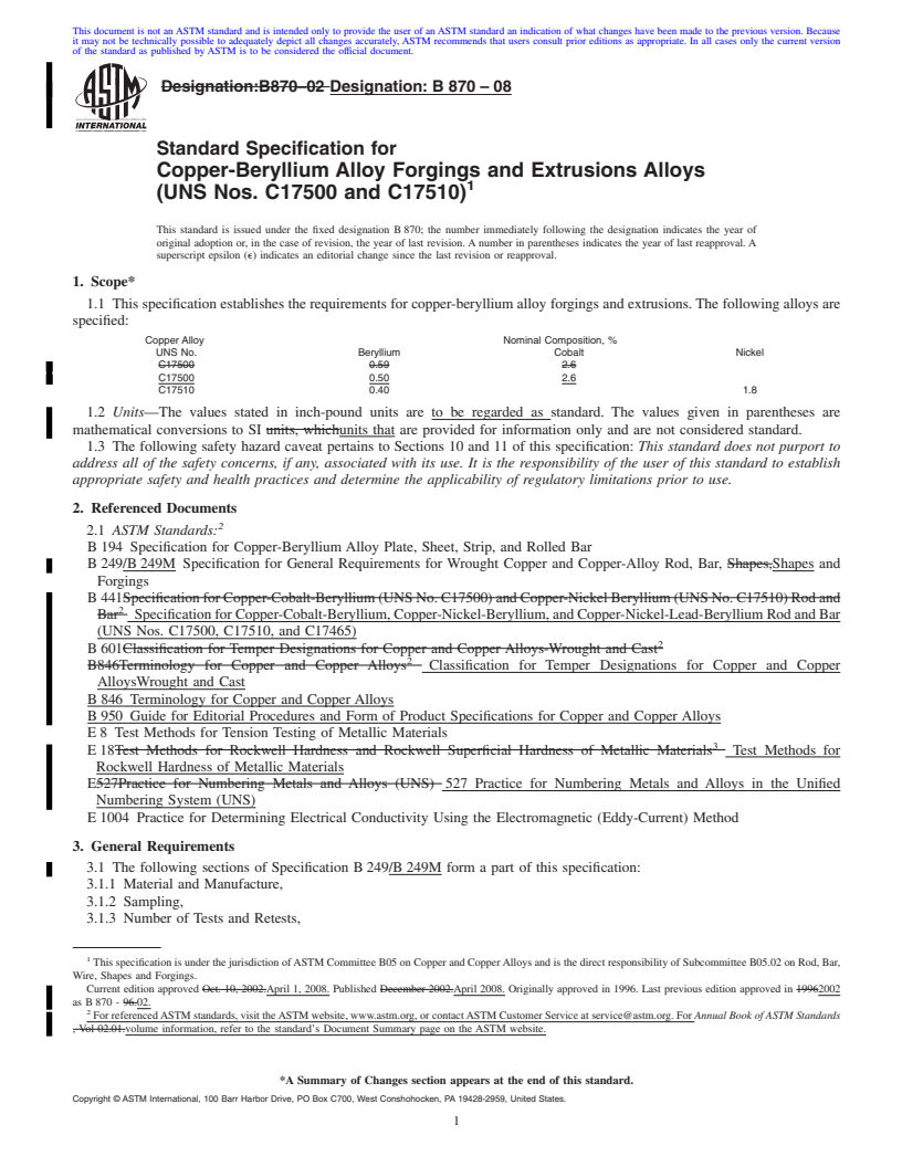 REDLINE ASTM B870-08 - Standard Specification for  Copper-Beryllium Alloy Forgings and Extrusions Alloys (UNS Nos. C17500 and C17510)