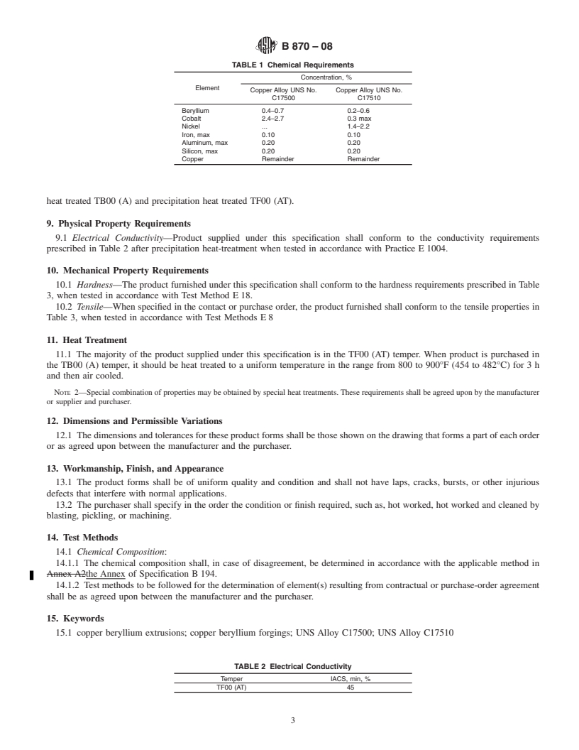 REDLINE ASTM B870-08 - Standard Specification for  Copper-Beryllium Alloy Forgings and Extrusions Alloys (UNS Nos. C17500 and C17510)